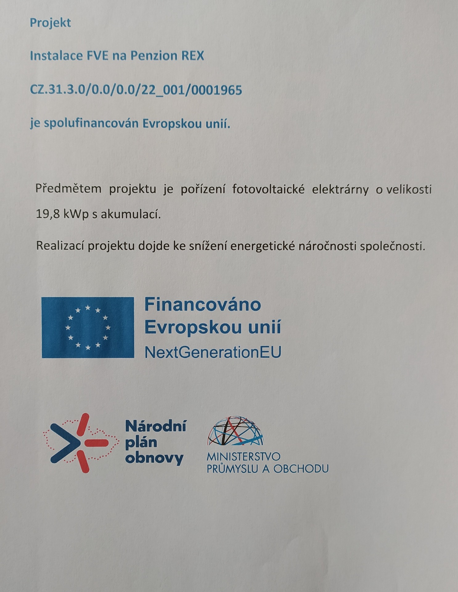 FVE dotace EU — Penzion REX